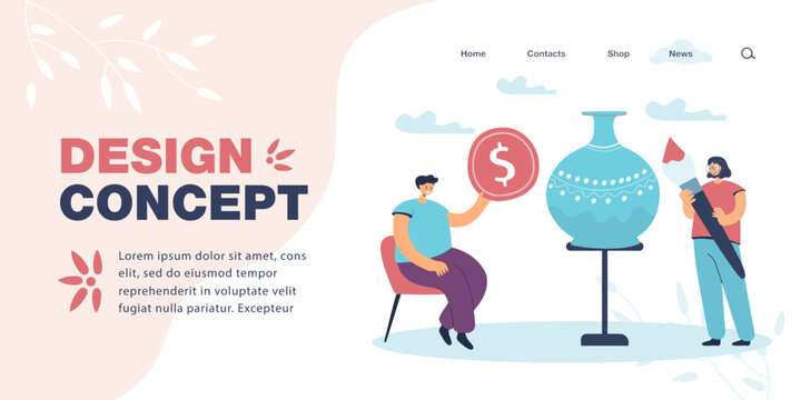 Man giving coin to pottery master flat vector illustration. Tiny client paying girl with paint brush for clay pot. Occupation, potter trade concept for banner, website design or landing web page