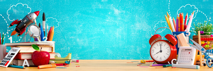 Back to school concept. School equipment with apple and alarm clock on blue chalkboard background....