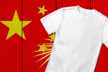 Patriotic t-shirt mock up on background in colors of national flag. China