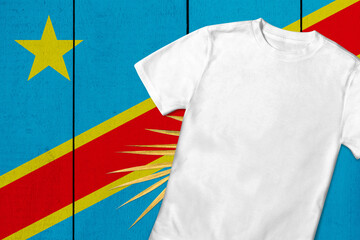 Patriotic t-shirt mock up on background in colors of national flag. Democratic Republic of the Congo