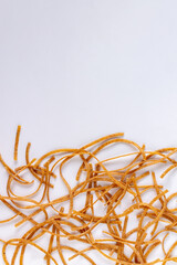 buckwheat noodles on white background, copy space
