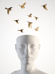 Womans head and birds flying freedom and liberty white background. 3D rendering