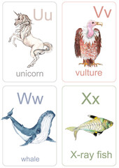 Animals icons vintage style collection ABC  watercolor illustration flashcard
