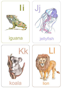 Animals icons vintage style collection ABC  watercolor illustration flashcard