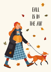 Obraz premium Autumn illustration. Cute girl with a fox. Vector design for card, poster, flyer, web and other.