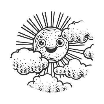 Funny cartoon sun sketch engraving vector illustration. Scratch board imitation. Black and white hand drawn image.