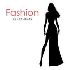 Obraz na płótnie Canvas The black silhouette of a fashion model. Beautiful slim women isolated on a white background, vector illustration. Fashion logo design template.