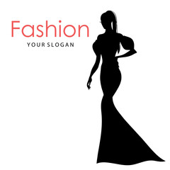 Fototapeta na wymiar The black silhouette of a fashion model. Beautiful slim women isolated on a white background, vector illustration. Fashion logo design template.