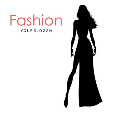 The black silhouette of a fashion model. Beautiful slim women isolated on a white background, vector illustration. Fashion logo design template.