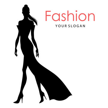 The black silhouette of a fashion model. Beautiful slim women isolated on a white background, vector illustration. Fashion logo design template.