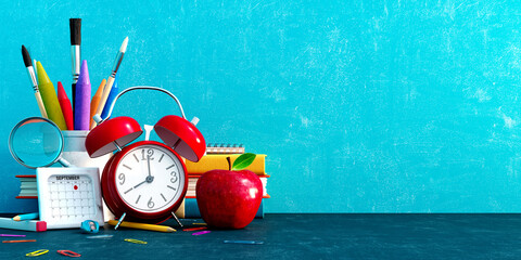 Ready for school, Back to school concept. Alarm clock with pencils and school accessory on blue chalkboard background 3D Rendering, 3D Illustration - Powered by Adobe