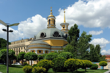 Domes and tower of the Nativity of Christ church in Kyiv Ukraine