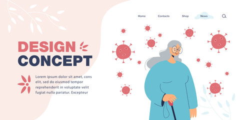 Old woman surrounded by germs flat vector illustration. Elderly female character at risk of getting sick during pandemic. Coronavirus, infection concept for banner, website design or landing web page