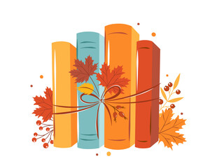 Books with autumn bright leaves on white background. Design for card or promotional poster. Vector illustration