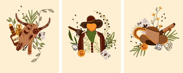 Set Wild west poster with a sheriff character in hat, an animal skull a bottle whiskey, cowboy hat, gun and other. Further Old West in flat style. Vector illustration