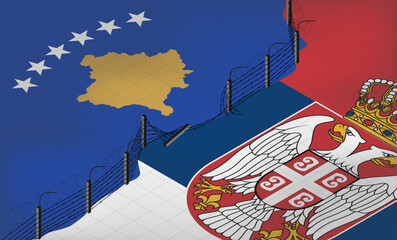 Isometric vector. Flags of Serbia and the Republic of Kosovo on the background of a fence or wall with barbed wire. Crisis in relations between countries. border war