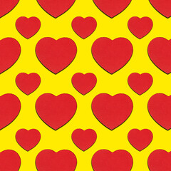 A seamless pattern of red hearts on a yellow background. Valentine's Day, Love