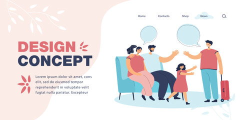 Son with suitcase returning home from trip or university. Mother and father greeting boy from sofa, little sister running to brother flat vector illustration. Family, relationship concept for banner