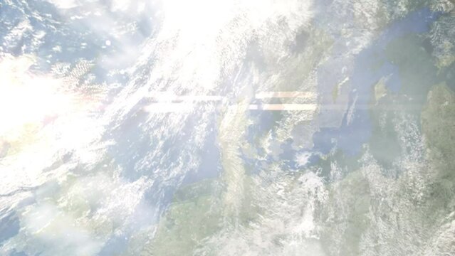 Earth zoom in from outer space to city. Zooming on Herning, Denmark. The animation continues by zoom out through clouds and atmosphere into space. Images from NASA