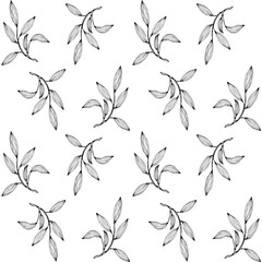 Leaves and branches seamless pattern. Black leaves and branches on a white background. Black ink texture with foliage. Abstract floral motif