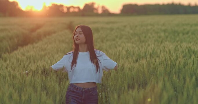 oriental young woman is walking alone on beautiful rye field in sunrise, portrait, 4K, Prores