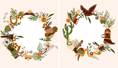 Wild West with flying eagle , playing cards, mystical snake, a cowboy hat, cactus and others. Combo western cards for your holiday. Further Old West in flat style. Vector illustration.