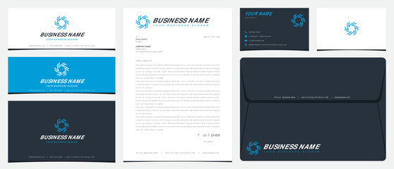 V rotation logo with stationery, business cards and social media banner designs