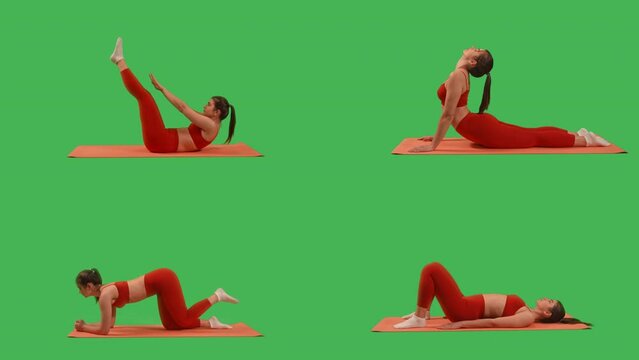collage woman doing exercises lying on yoga matt fitness Isolated on Green Screen background