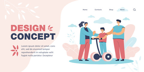 Mom and dad helping son riding electric personal transporter. Husband, wife and child spending time outside together flat vector illustration. Family, outdoor activity, technology concept for banner