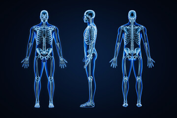Accurate xray image of human skeletal system with adult male skeleton and body contours on blue background 3D rendering illustration. Anatomy, medical, healthcare, science, osteology, concept. - obrazy, fototapety, plakaty