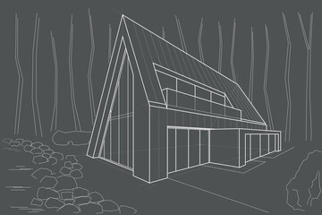 Linear architectural sketch residental building - scandinavian style forest cottage near lake perspective on gray background