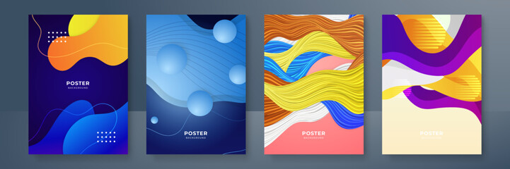 Obraz premium Gradient trendy colourful flowing geometric pattern background texture for poster cover design. Minimal color abstract gradient banner template. Modern vector wave shape for brochure and social media