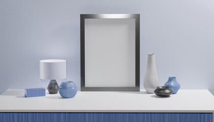 Mockup poster frame in minimalist modern interior background, 3d render. Empty poster frame in cozy interior. Frame mockup. Frame poster mockup in Boho style interior. 3d rendering, 3d illustration