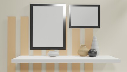 Mockup poster frame in minimalist modern interior background, 3d render. Empty poster frame in cozy interior. Frame mockup. Frame poster mockup in Boho style interior. 3d rendering, 3d illustration
