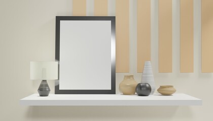 Mockup poster frame in minimalist modern interior background, 3d render. Empty poster frame in cozy interior. Frame mockup. Frame poster mockup in Boho style interior. 3d rendering, 3d illustration