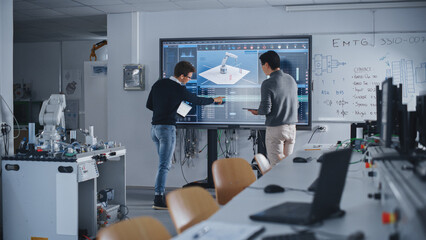 Two Diverse Male Students Standing Near Big Screen and Developing Program for Motion of Robotic...
