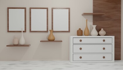 Mockup poster frame in minimalist modern interior background, 3d render. Empty poster frame in cozy interior. Frame mockup. Frame poster mockup in Boho style interior. 3d rendering, 3d illustration