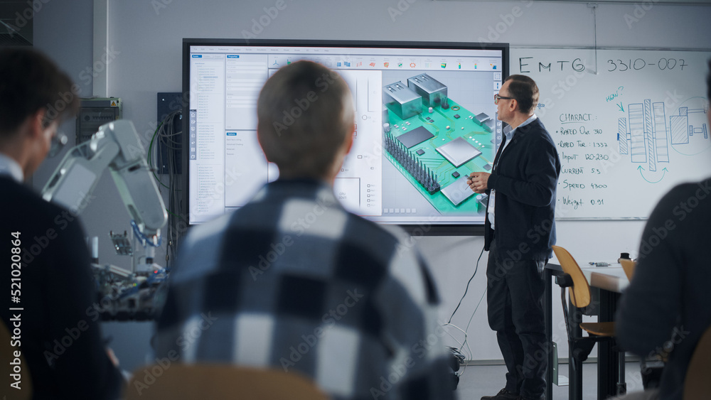 Poster confident male teacher using digital interactive whiteboard, talking to group of diverse students an