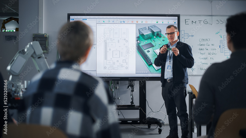Aufkleber confident male teacher using digital interactive whiteboard, talking to group of diverse students an