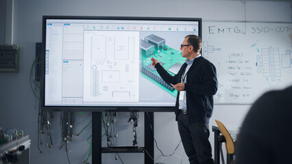 Male Teacher Standing Near Digital Interactive Whiteboard and Talking to Group of Diverse Students About Computer Motherboard Components: Microchips, CPU Processor, Transistors, Semiconductors