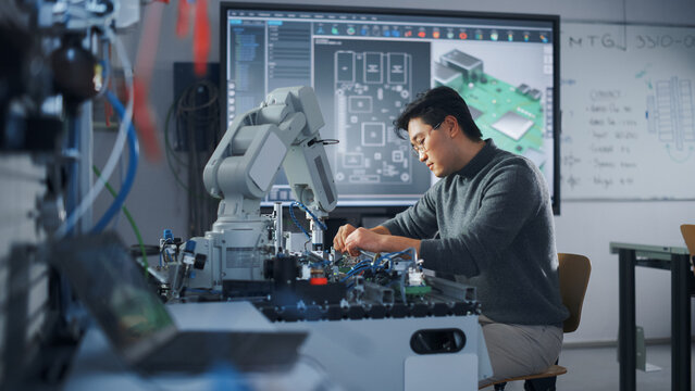 Asian Male Engineer Sitting at Table Using Robot Hand and Engineering. Robot is Moving Under his Control. Education and Robotics in Modern University of Technology Class Concept.