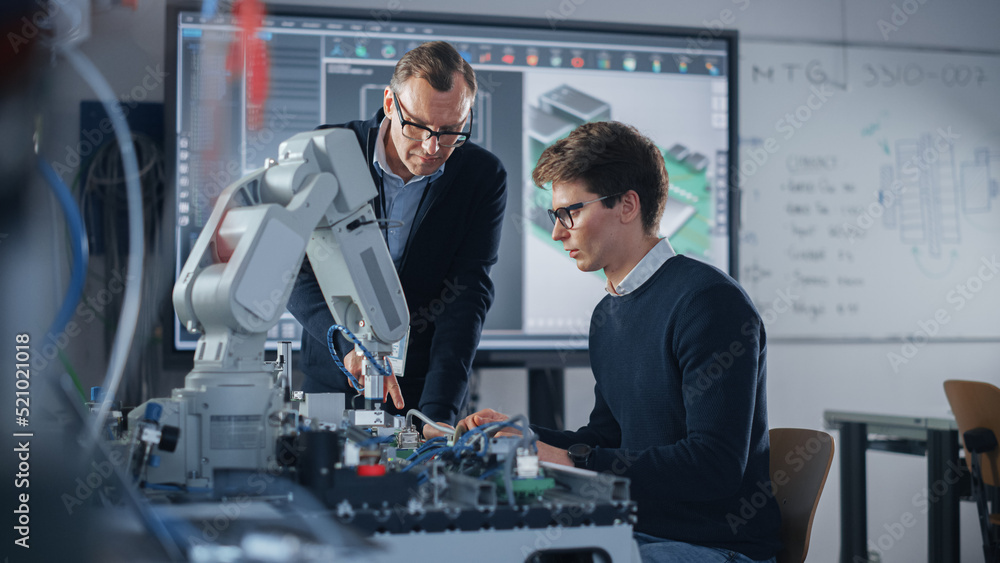 Poster Product Supervisor Consults Young Engineer Working with Optimization of Robot Arm. People Doing Robotic Hand Maintenance Ideas. High-Tech Science and Engineering Concept. Medium Shot