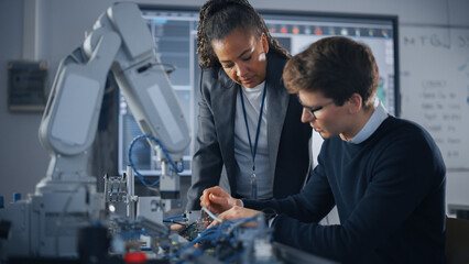 Black Teacher Giving Advices to her Student, Uses Screwdriver During the Lesson. Engineer Working...