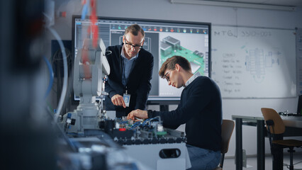 Male Student Engineer Discussing Ideas with Project Leader while Working with Computer Motherboard. Man Uses Screwdriver. Science, Robotics and Engineering Concept. Medium Shot