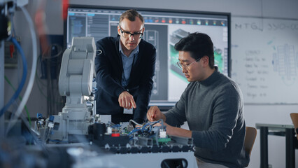 Chief Engineer Helping Asian Student of Engineering Faculty Work With Computer Motherboard and...