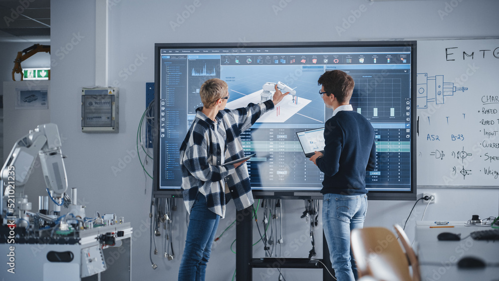 Poster Students Discussing Work of Robotic Hand While Looking at Big Screen. Analysing Graphs And Data to Write a Code For Futuristic Device. Education and Innovative Technologies Concept.