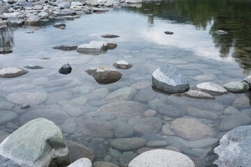 Background of rounded river stones of different sizes in the water. River bank