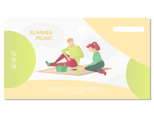 Family picnic landing page template. Mother, father and daughter having summer picnic in park. People spending time together and relaxing on nature website, homepage design flat vector illustration