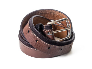 Rolled Men's Brown Leather Belt with Shiny Metal Buckle