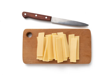 Piece and slices of cheese isolated on white background from top view